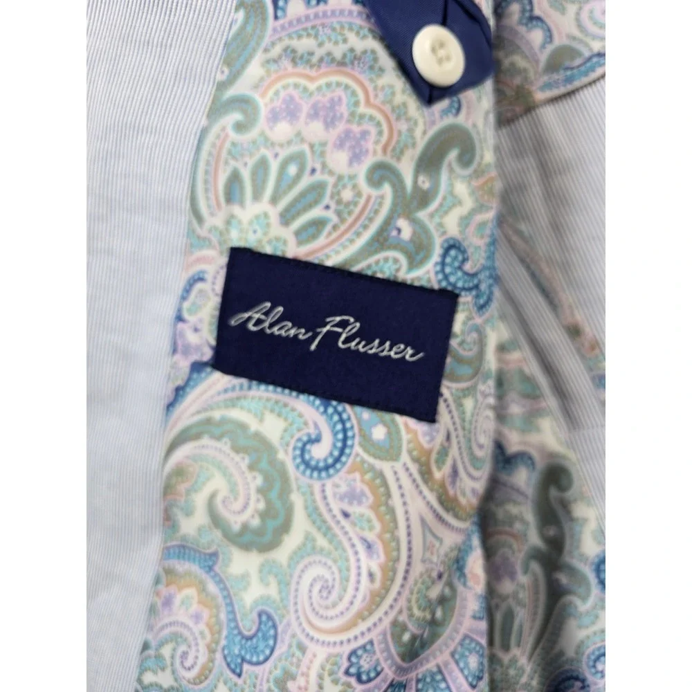 Alan‎ Flusser Seersucker Sport Coat Mens Large Blue White Paisley Lined Blazer